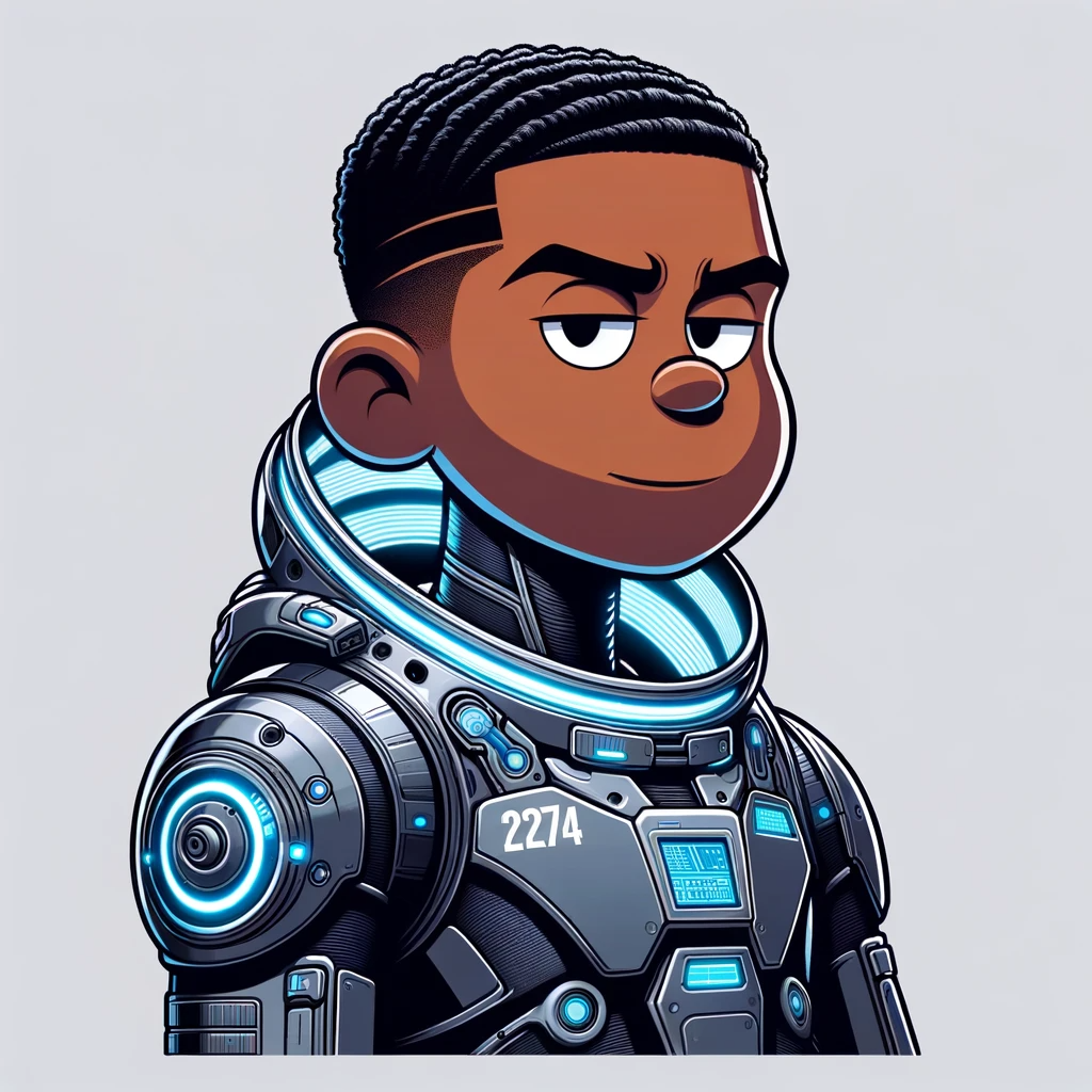 DALL·E 2023-10-31 05.28.53 - Illustration of a mid-twenties male person of color with animated features, wearing a futuristic 2274 spacesuit. The spacesuit is sleek, with advanced